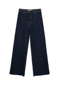 Weite dunkle Jeanshose mit Kontrastnähten, hoher Taille und geradem Schnitt. Verfügt über Fronttaschen und einen klassischen Knopfverschluss.