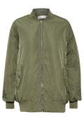Olivgrüne Bomberjacke aus glattem Nylon mit einem Frontreißverschluss, gerippten Bündchen und seitlichen Taschen in lockerer Passform.