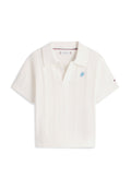 CROCHET OPEN PLACKET POLO TOP Media 1