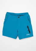 Türkise Shorts aus leichtem Stoff mit einem elastischen Bund, ausgestattet mit einer Reißverschlusstasche und seitlichen Schlitzen zur Belüftung. Bedrucktes CMP-Logo.