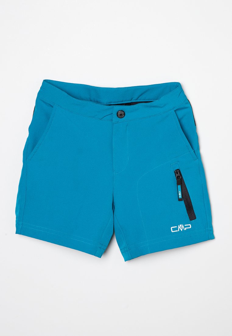 Türkise Shorts aus leichtem Stoff mit einem elastischen Bund, ausgestattet mit einer Reißverschlusstasche und seitlichen Schlitzen zur Belüftung. Bedrucktes CMP-Logo.