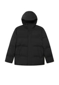 Schwarze Puffjacke mit Kapuze, ausgestattet mit einem Reißverschluss, geradem Schnitt und zwei Fronttaschen. Hergestellt aus leichtem, isoliertem Material.