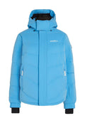 Hellblaue Steppjacke mit hohem Kragen und Kapuze. Sie verfügt über Reißverschlusstaschen, elastische Bündchen und eine glatte, gesteppten Textur.