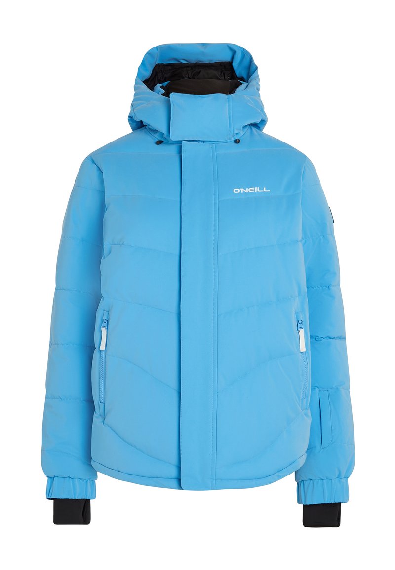 Hellblaue Steppjacke mit hohem Kragen und Kapuze. Sie verfügt über Reißverschlusstaschen, elastische Bündchen und eine glatte, gesteppten Textur.