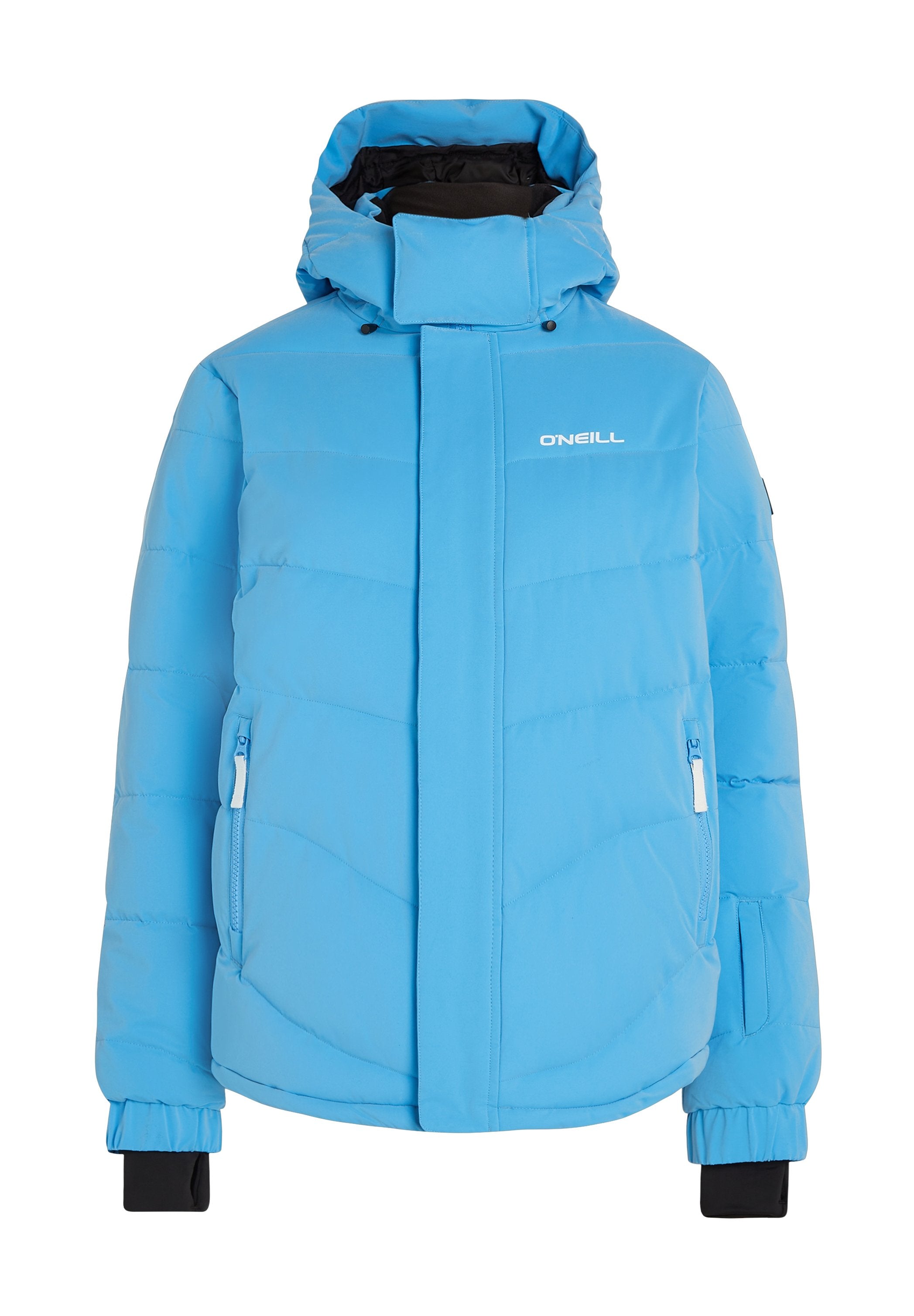 Hellblaue Steppjacke mit hohem Kragen und Kapuze. Sie verfügt über Reißverschlusstaschen, elastische Bündchen und eine glatte, gesteppten Textur.