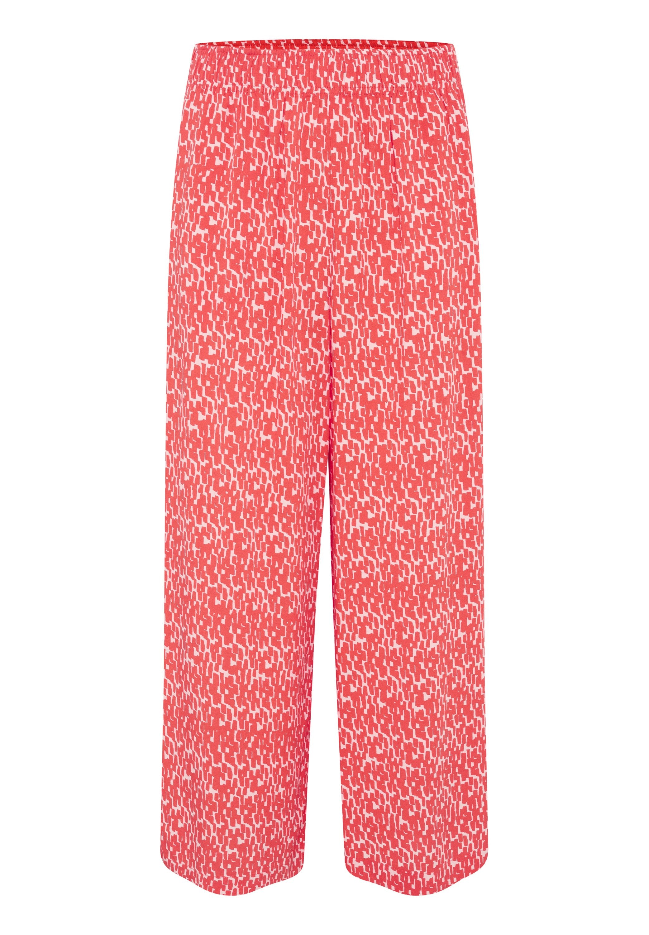 Rote gemusterte Culottes mit lockerem Schnitt, ausgestattet mit einem dehnbaren Bund und einem strukturierten Design aus unregelmäßigen weißen Formen.