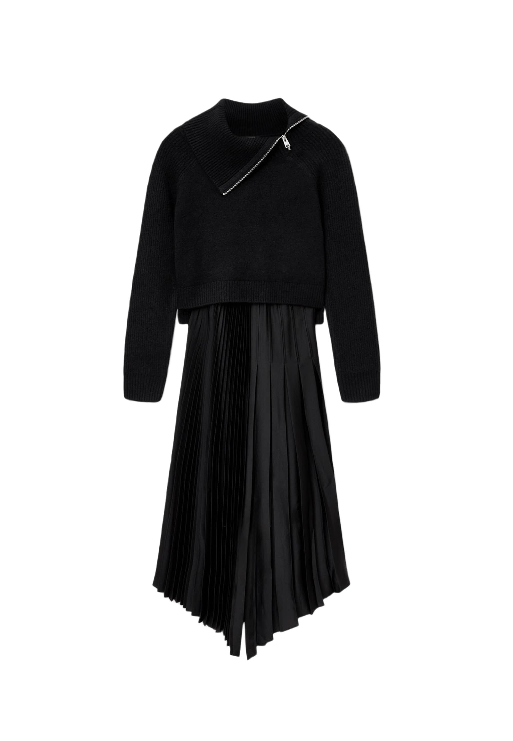 Schwarzer, kurzer Pullover mit hohem Kragen und Reißverschlussdetails, kombiniert mit einem schwarzen, plissierten Satковых Rock. Beide Teile sind weich und texturiert.