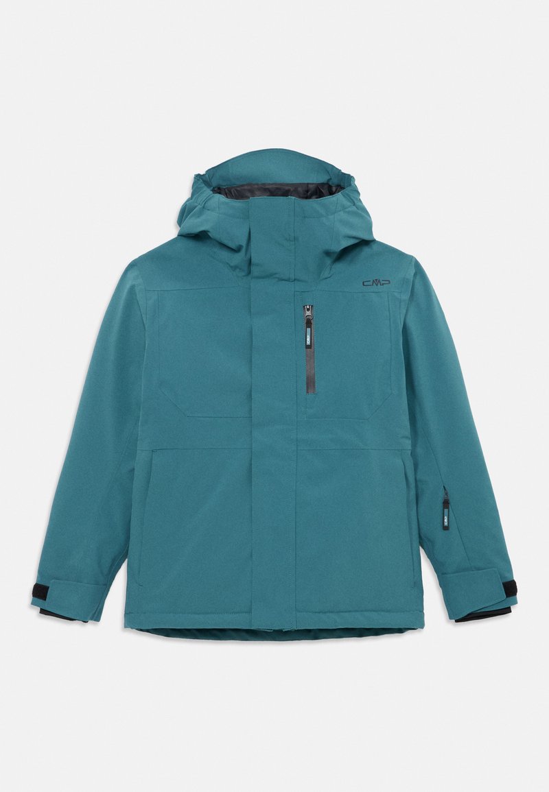 Türkisfarbene wasserdichte Kapuzenjacke mit Frontreißverschluss, Reißverschluss an der Brusttasche, Logo auf der Brust, verstellbaren Handgelenksriemen und Seitentaschen.