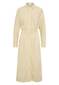 Gestreiftes Hemdkleid in Beige mit langen Ärmeln, einer Brusttasche und einer taillierten Passform. Hergestellt aus Baumwolle mit einer glatten Textur.