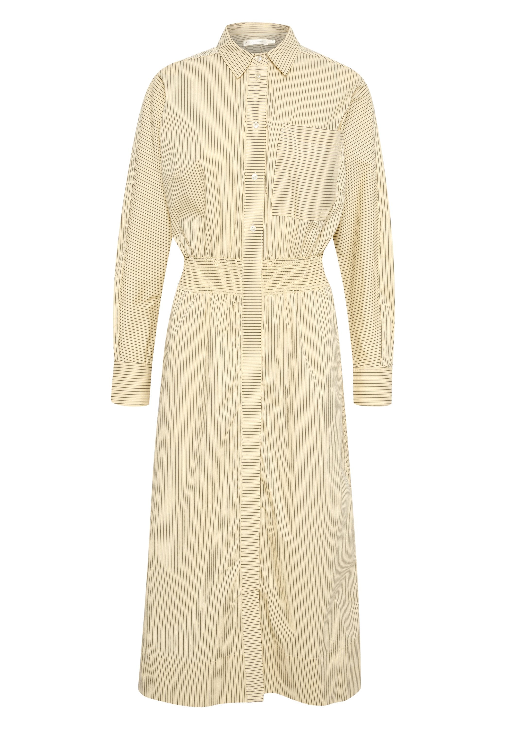 Gestreiftes Hemdkleid in Beige mit langen Ärmeln, einer Brusttasche und einer taillierten Passform. Hergestellt aus Baumwolle mit einer glatten Textur.