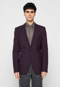 Dunkellila Blazer mit zwei Knöpfen, einfachen Kerbkragen und Seitentaschen, getragen über einem grauen Hemd. Glatter Stoff und taillierte Passform.