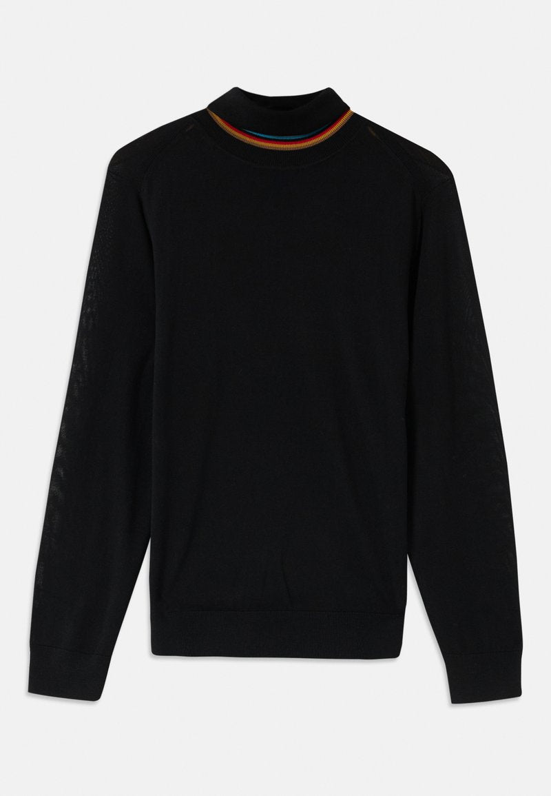 Schwarzer langärmliger Pullover mit einem strukturierten Design, ausgestattet mit einem gerippten Kragen in den Farben Rot, Gelb und Blau. Glatte Stoffqualität.