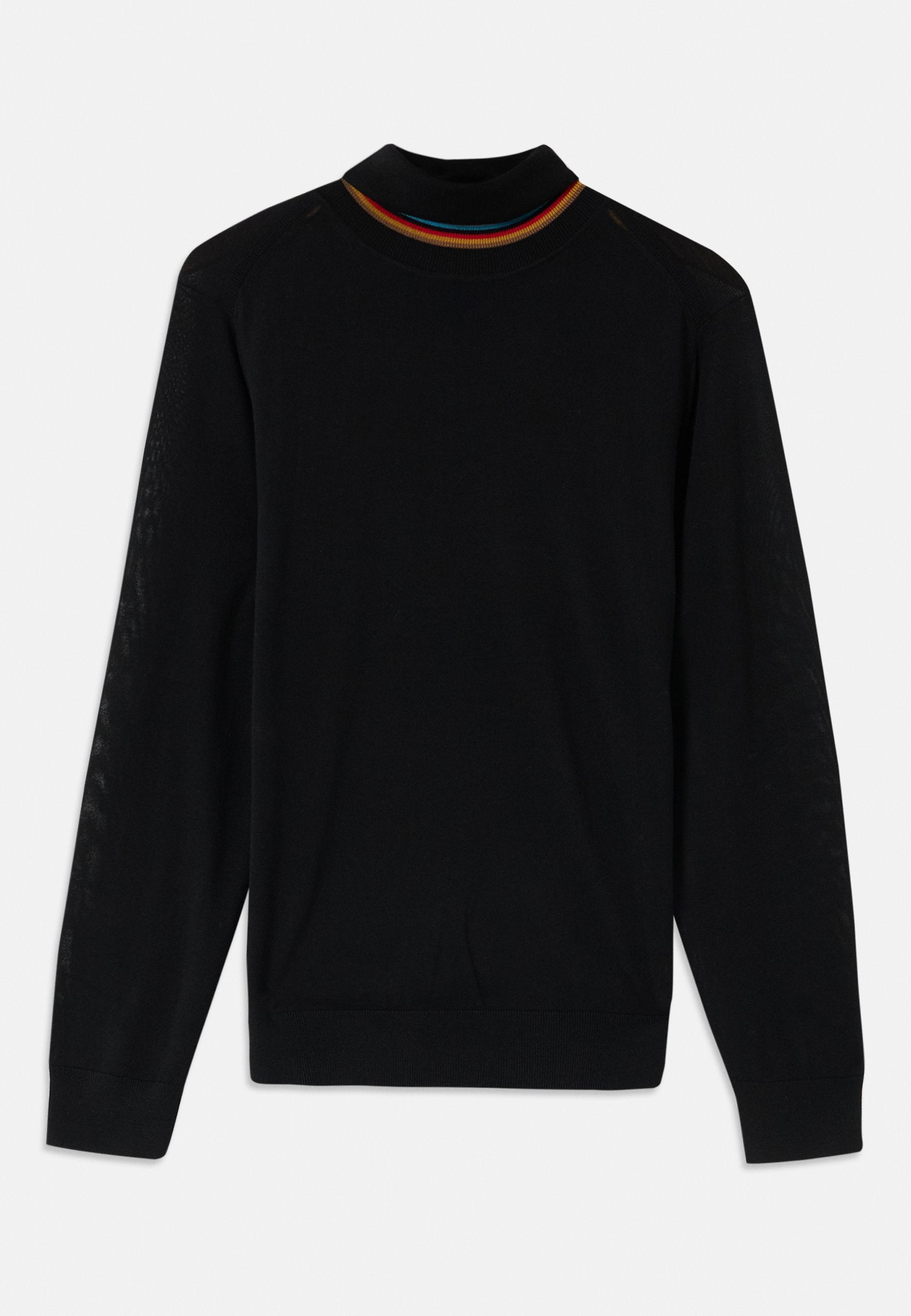 Schwarzer langärmliger Pullover mit einem strukturierten Design, ausgestattet mit einem gerippten Kragen in den Farben Rot, Gelb und Blau. Glatte Stoffqualität.