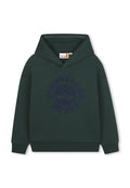 Grüner Pullover-Hoodie aus Baumwollmischung mit großem navybaum-Logo und dem Text "Timberland NH USA." Verfügt über eine Kängurutasche und eine Kapuze mit Kordelzug.