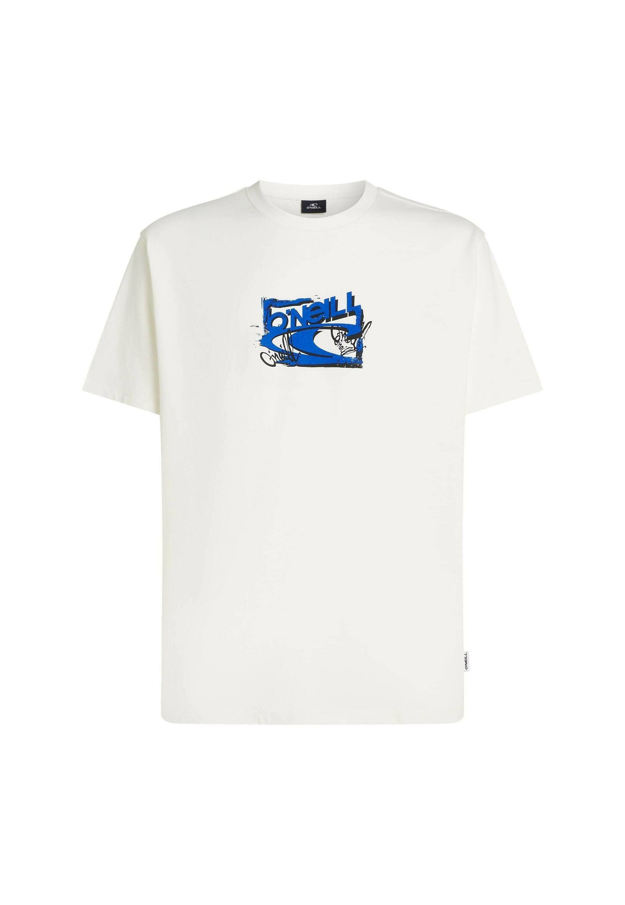 Weißes Baumwoll-T-Shirt mit blauem Grafikdesign, das das Wort "ONeill" und abstrakte Formen zeigt. Kurze Ärmel und Rundhalsausschnitt.