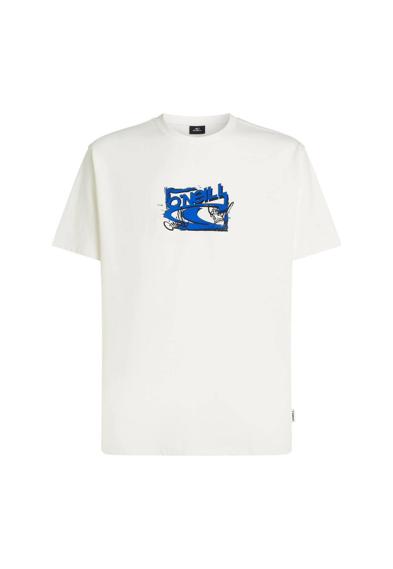 Weißes Baumwoll-T-Shirt mit blauem Grafikdesign, das das Wort "ONeill" und abstrakte Formen zeigt. Kurze Ärmel und Rundhalsausschnitt.