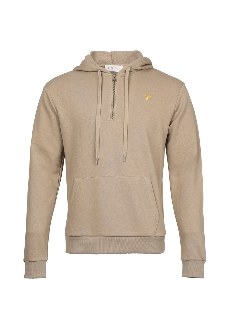 Beige Kapuzenpullover aus weichem Stoff, mit einem halben Reißverschluss, vornem Känguru-Taschen, gerippten Bündchen und Saum, sowie einem kleinen gelben Logodetail.