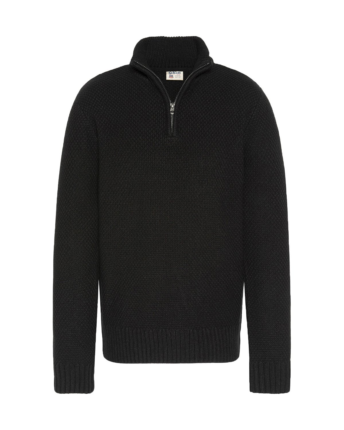 Schwarzer Pullover mit hohem Kragen und halbem Reißverschluss, mit einer strukturierten Strickoptik sowie gerippten Bündchen und Saum.