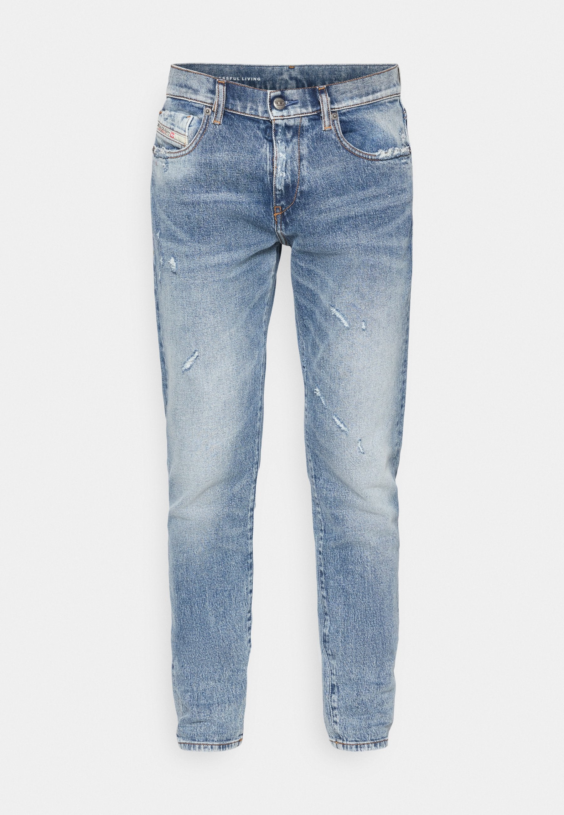 Hellblaue Jeans aus Denim mit einem ausgeblichenen Finish, verwaschenen Details, klassischem Five-Pocket-Design und geradem Bein.
