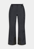 Schwarze wasserdichte Outdoor-Hose mit Reißverschlusstaschen an den Seiten, verstellbaren Taillenlaschen, verstärkten inneren Knöchelpaneelen und Druckknopfverschluss.