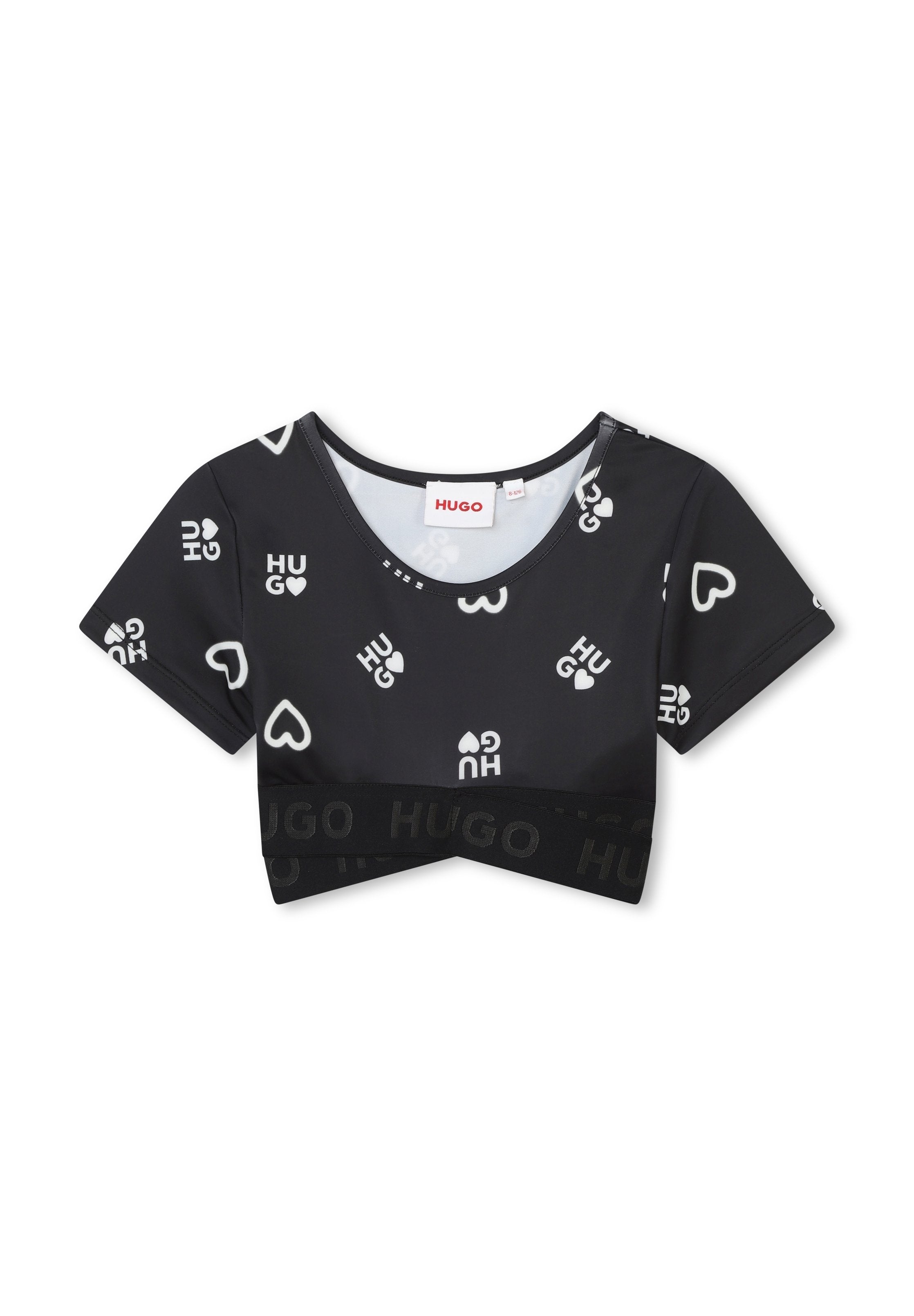 Schwarzes, kurz geschnittenes T-Shirt mit kurzen Ärmeln, das mit weißen Herzen und "HUGO"-Logos versehen ist. Gefertigt aus einem glatten Material und mit einem elastischen Bund.