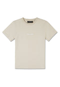 Beige Baumwoll-T-Shirt mit kurzen Ärmeln, Rundhalsausschnitt und kleinem weißen Markenlogo auf der Vorderseite. Glatte Textur, normale Passform.