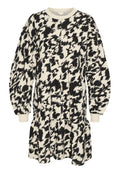Schwarz-creamfarbenes Tierdruckkleid aus strukturiertem Stoff, mit Rundhalsausschnitt, langen Puffärmeln und einem gestuften Rockdesign.