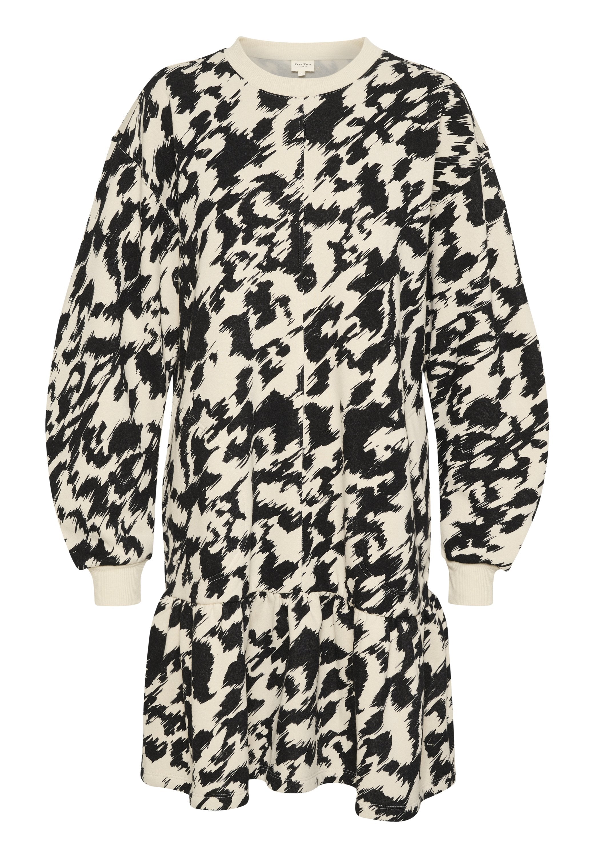 Schwarz-creamfarbenes Tierdruckkleid aus strukturiertem Stoff, mit Rundhalsausschnitt, langen Puffärmeln und einem gestuften Rockdesign.