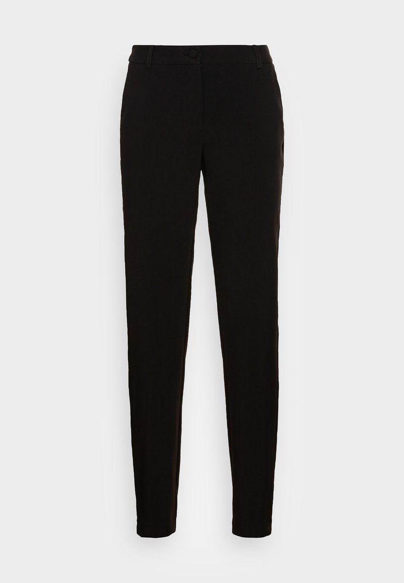Schwarze Maßanzug-Hosen mit schlankem Schnitt, flacher Vorderseite, Knopfverschluss und Gürtelschlaufen. Hergestellt aus glattem Stoff mit einem eleganten Design.