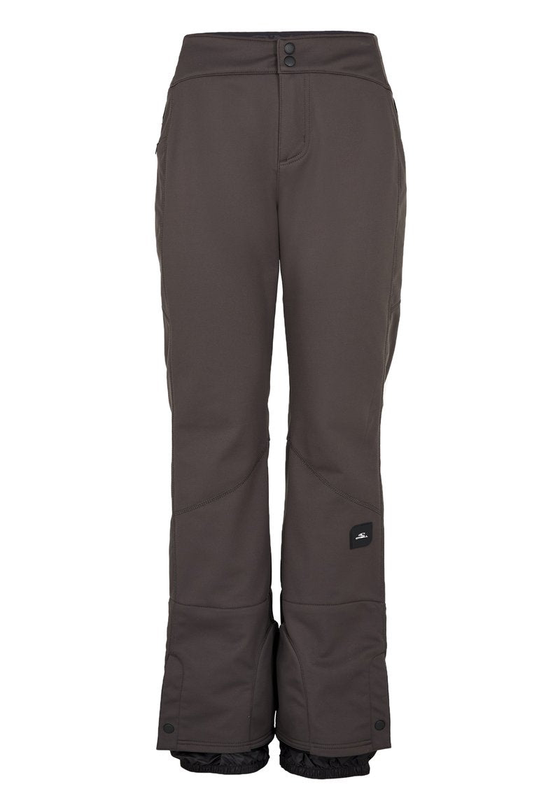 Skihosen aus dunkelgrauem Material mit glatter Textur, zwei Knopfverschluss, seitlichen Taschen und elastischen Bündchen an den Säumen.