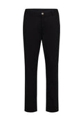 Schwarze Hose mit geradem Bein, aus einem glatten Stoff gefertigt, mit einem Knopfverschluss und einem elastischen Bund für zusätzlichen Komfort.