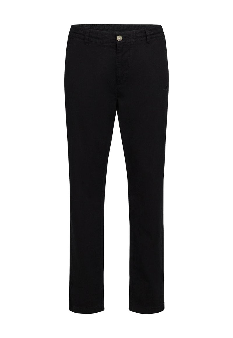 Schwarze Hose mit geradem Bein, aus einem glatten Stoff gefertigt, mit einem Knopfverschluss und einem elastischen Bund für zusätzlichen Komfort.