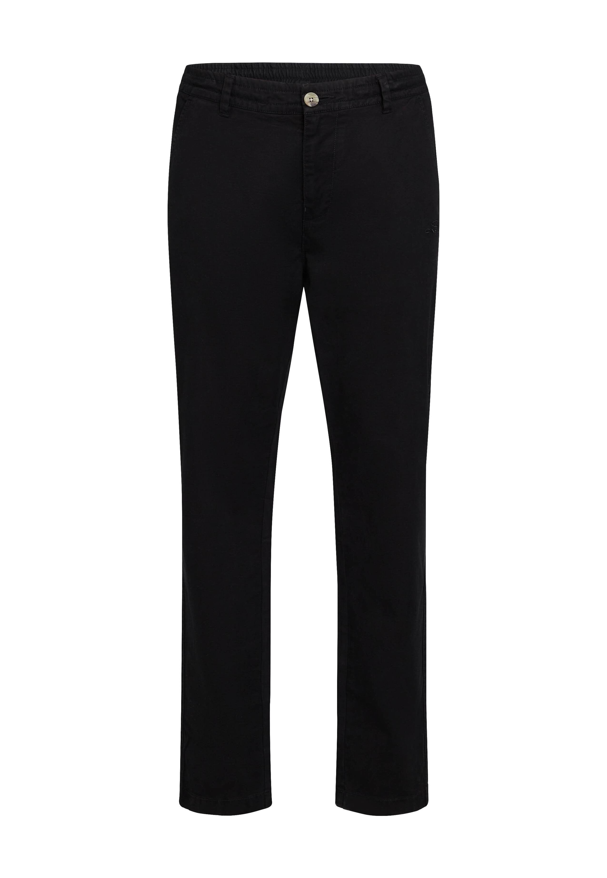 Schwarze Hose mit geradem Bein, aus einem glatten Stoff gefertigt, mit einem Knopfverschluss und einem elastischen Bund für zusätzlichen Komfort.