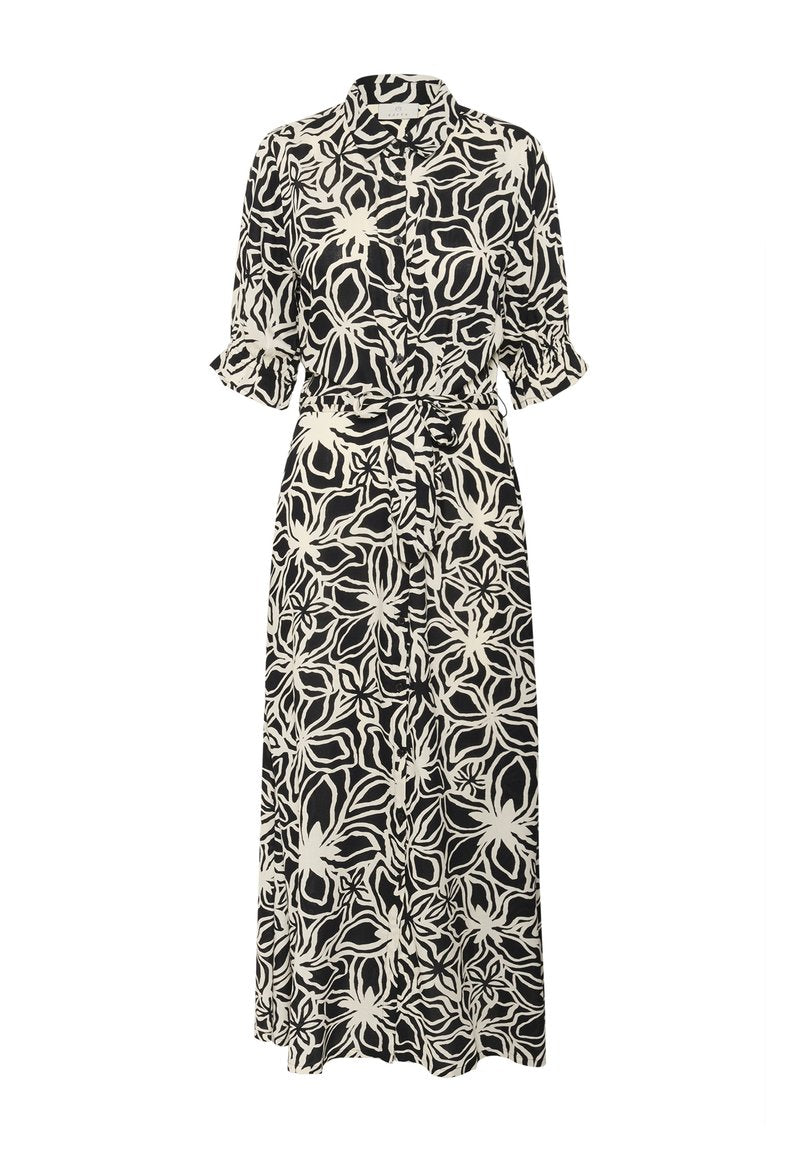 Schwarz-weißer Blumendruckkleid mit Kragen, Knopfverschluss und Bindegürtel in der Taille. Lange Ärmel mit gerafften Manschetten.