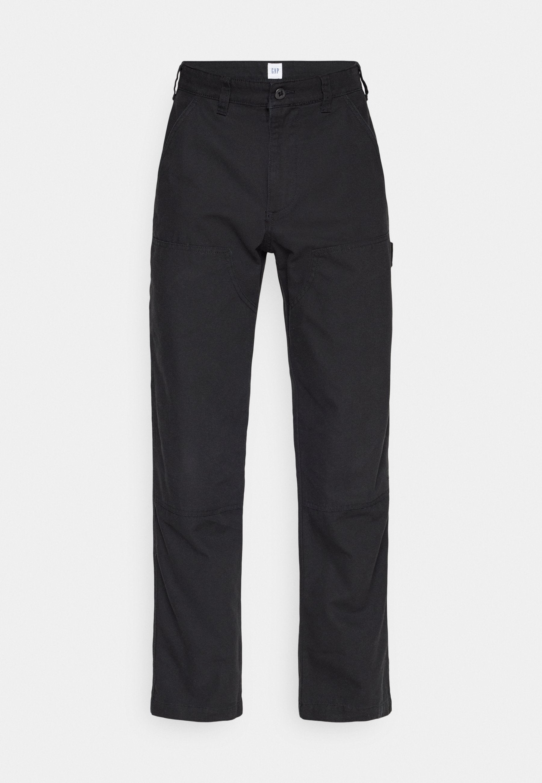 Schwarze Cargo-Hosen aus Baumwolle mit geradem Schnitt, zwei Fronttaschen und einem Knopfverschluss an der Taille.