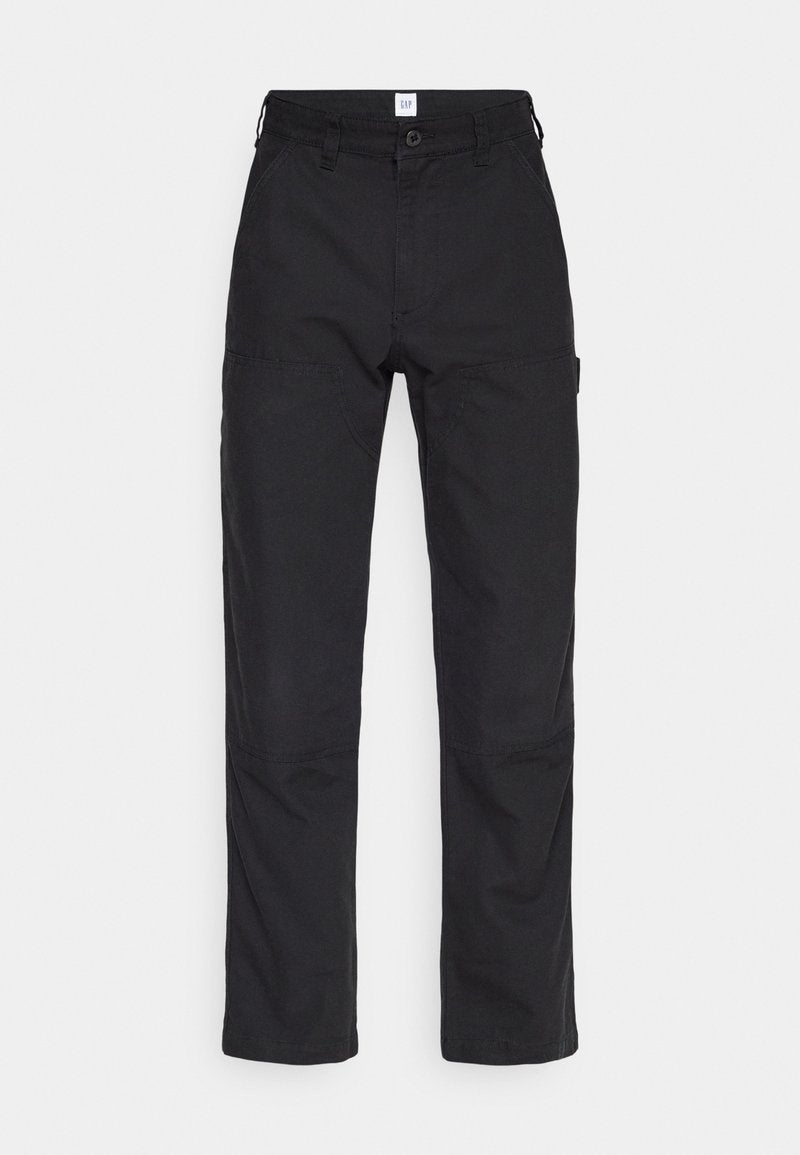 Schwarze Cargo-Hosen aus Baumwolle mit geradem Schnitt, zwei Fronttaschen und einem Knopfverschluss an der Taille.