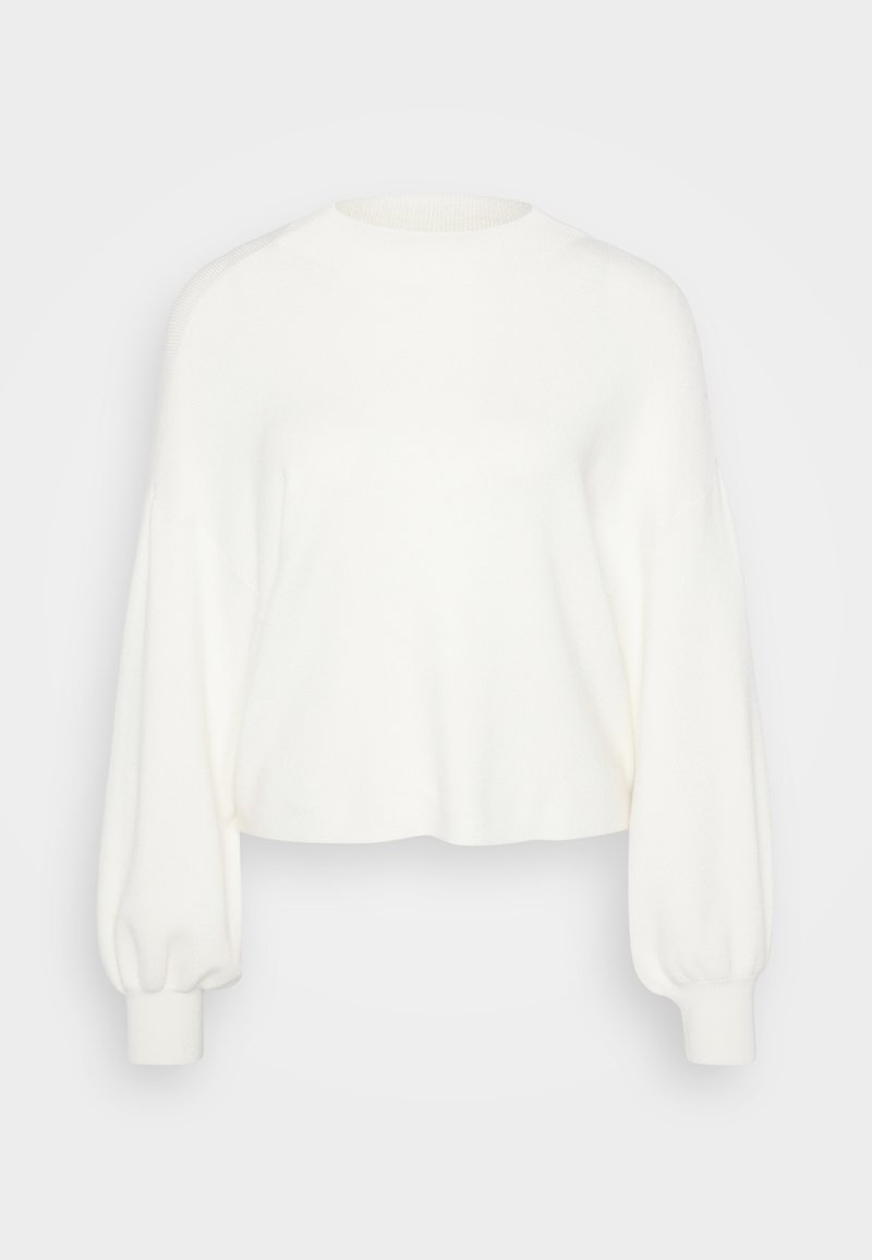 Weißer, kurz geschnittener Pullover aus weichem Strickstoff. Verfügt über lange, puffartige Ärmel mit gerippten Bündchen und einem runden Ausschnitt.