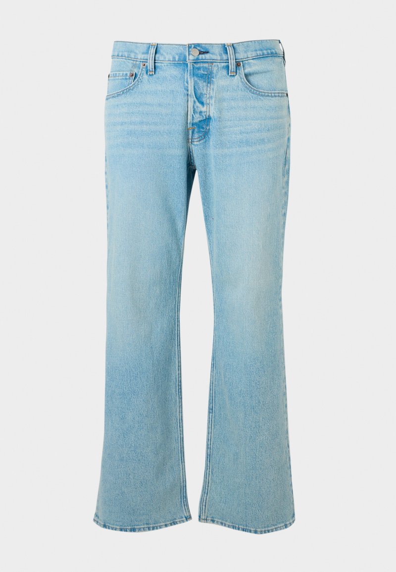 Hellblaue Jeans aus Denim mit weitem Bein, hoch tailliert, fünf Taschen und Knopfverschluss. Glatte Textur, ausgewaschener Look.