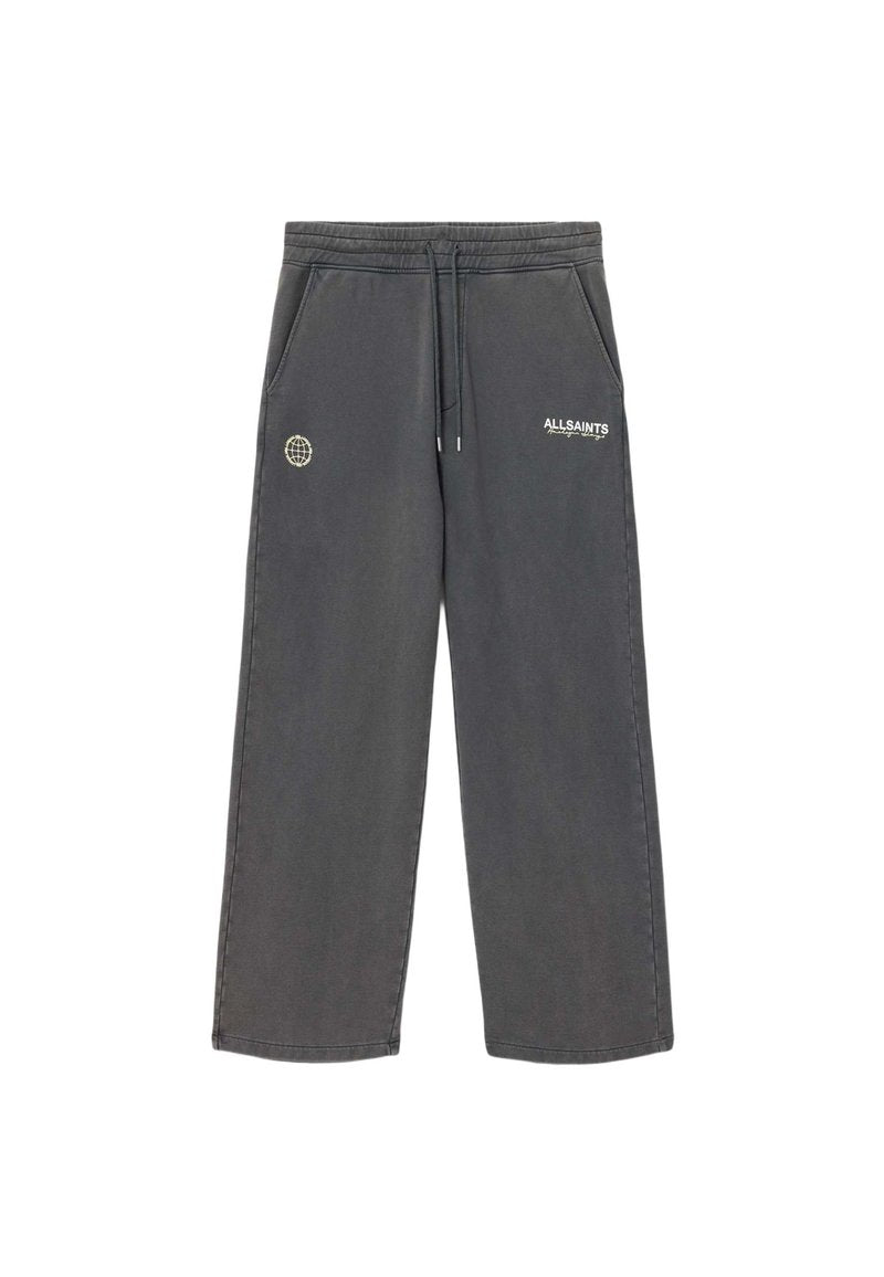 Dunkelgraue Sweatpants mit weitem Bein, elastischem Bund, Kordelzug, Seitentaschen und kleinen weißen Globus- und Markenlogos vorne.
