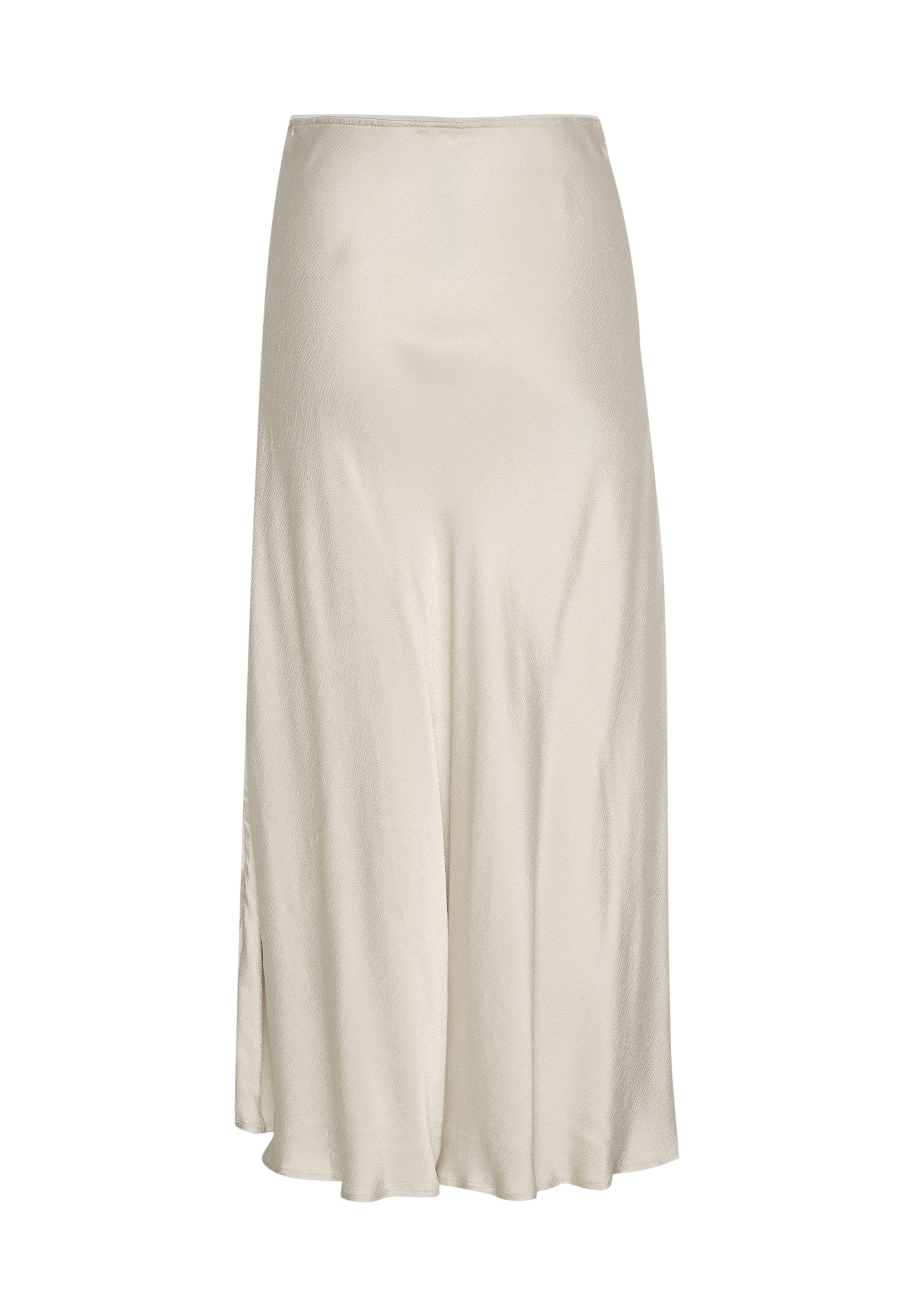 Helle beige Midi-Rock aus glattem Material mit leicht ausgestellter Silhouette und einem seitlichen Schlitz für zusätzlichen Bewegungsfreiheit.