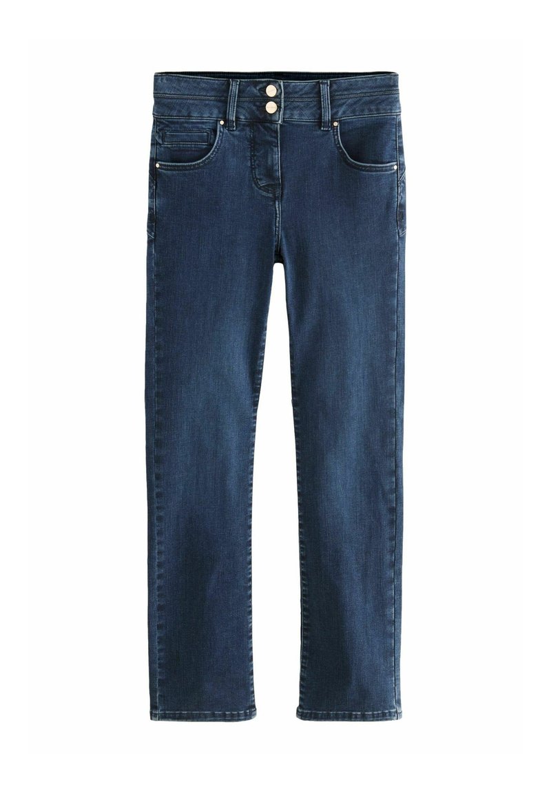 Dunkelblaue Denim-Jeans mit geradem Bein, zwei vorderen Taschen und einem Knopfverschluss. Sie haben eine glatte Textur und minimale Nähdetails.