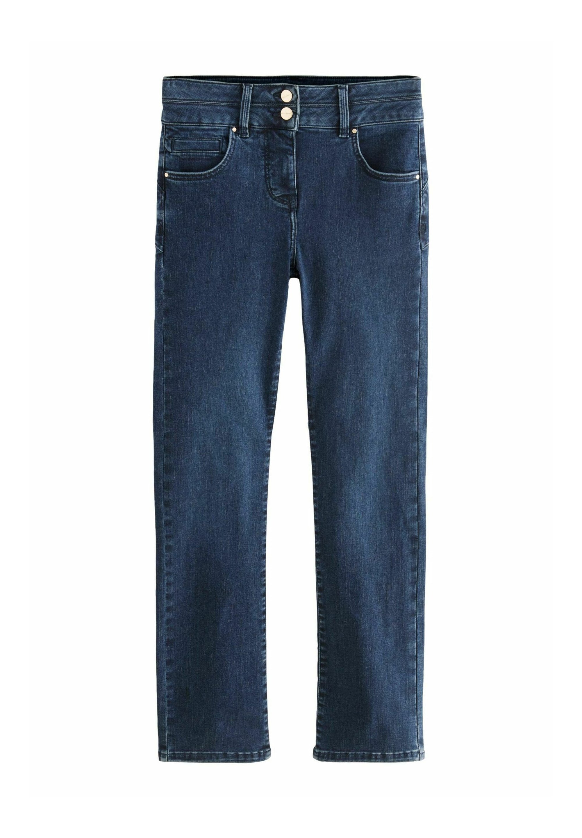 Dunkelblaue Denim-Jeans mit geradem Bein, zwei vorderen Taschen und einem Knopfverschluss. Sie haben eine glatte Textur und minimale Nähdetails.