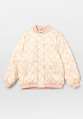 Helle rosa floral gesteppte Jacke mit geripptem Kragen, Bündchen und Saum, Fronttaschen und einem verdeckten Reißverschluss.