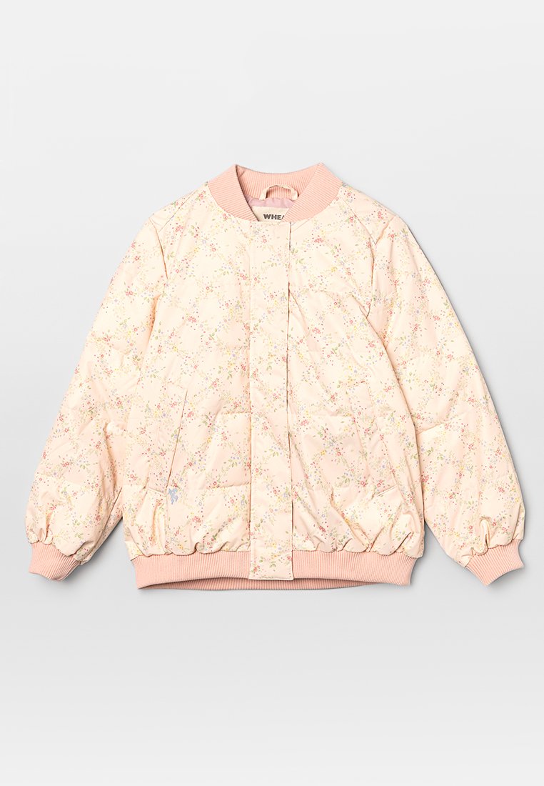 Helle rosa floral gesteppte Jacke mit geripptem Kragen, Bündchen und Saum, Fronttaschen und einem verdeckten Reißverschluss.