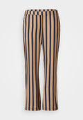 Braun-navy gestreifte Hose mit elastischem Bund, in ausgestellter Form und aus weichem Stoff. Keine sichtbaren Taschen.