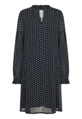 Navyblaues Polka-Dot-Kleid aus leichtem Stoff mit gerafftem Ausschnitt, langen Ärmeln mit elastischen Bündchen und lockerer Passform.
