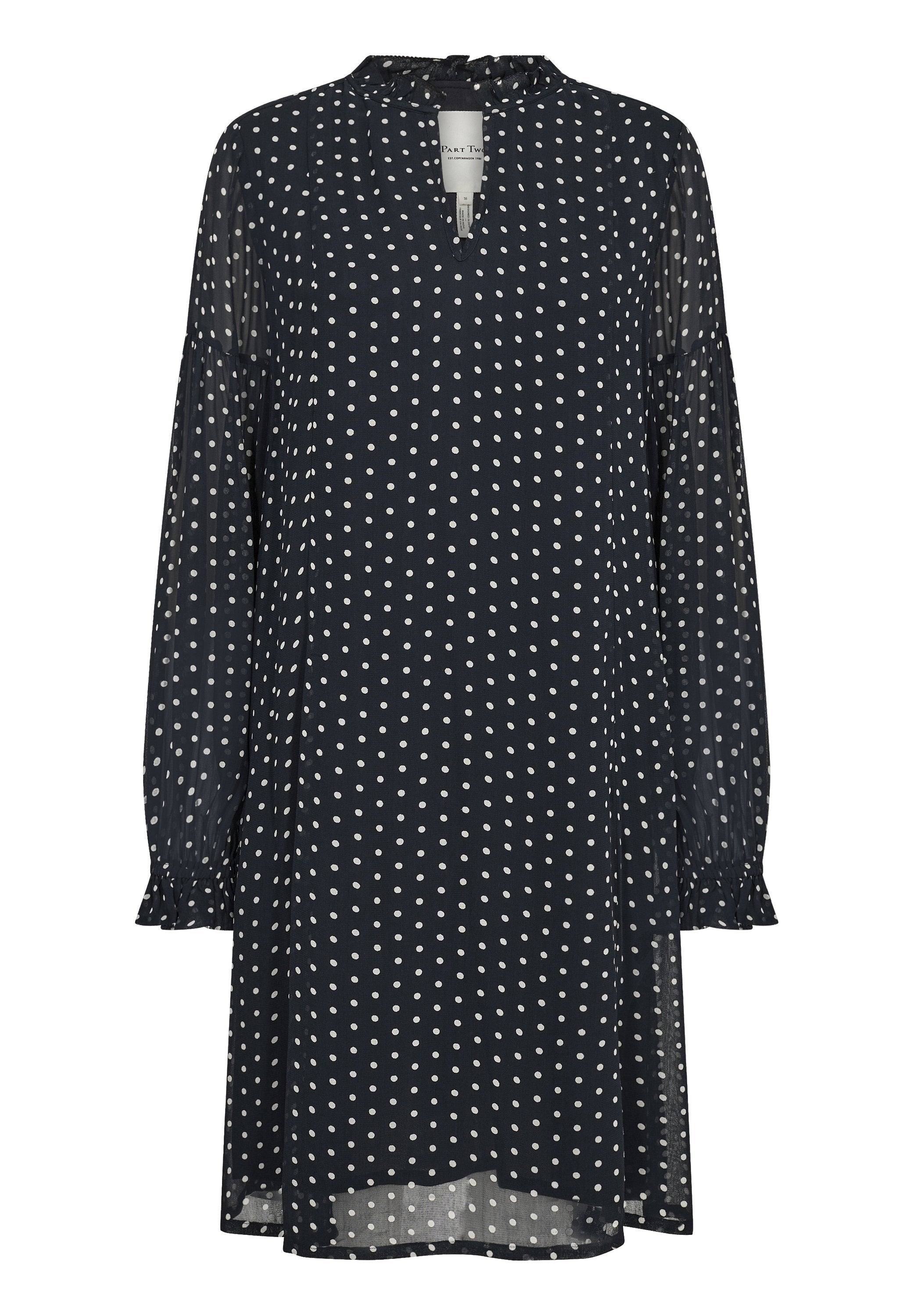 Navyblaues Polka-Dot-Kleid aus leichtem Stoff mit gerafftem Ausschnitt, langen Ärmeln mit elastischen Bündchen und lockerer Passform.