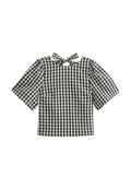 Schwarz-weißes Gingham-Oberteil mit kurzen Puffärmeln, quadratischem Ausschnitt und Schleifendetail im Rücken. Aus gewebtem Stoff gefertigt.