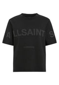 Schwarzes Baumwoll-T-Shirt mit Rundhalsausschnitt, kurzen Ärmeln und mattem Finish, das mit großem Text "ALLSAINTS" und "LONDON" bedruckt ist.