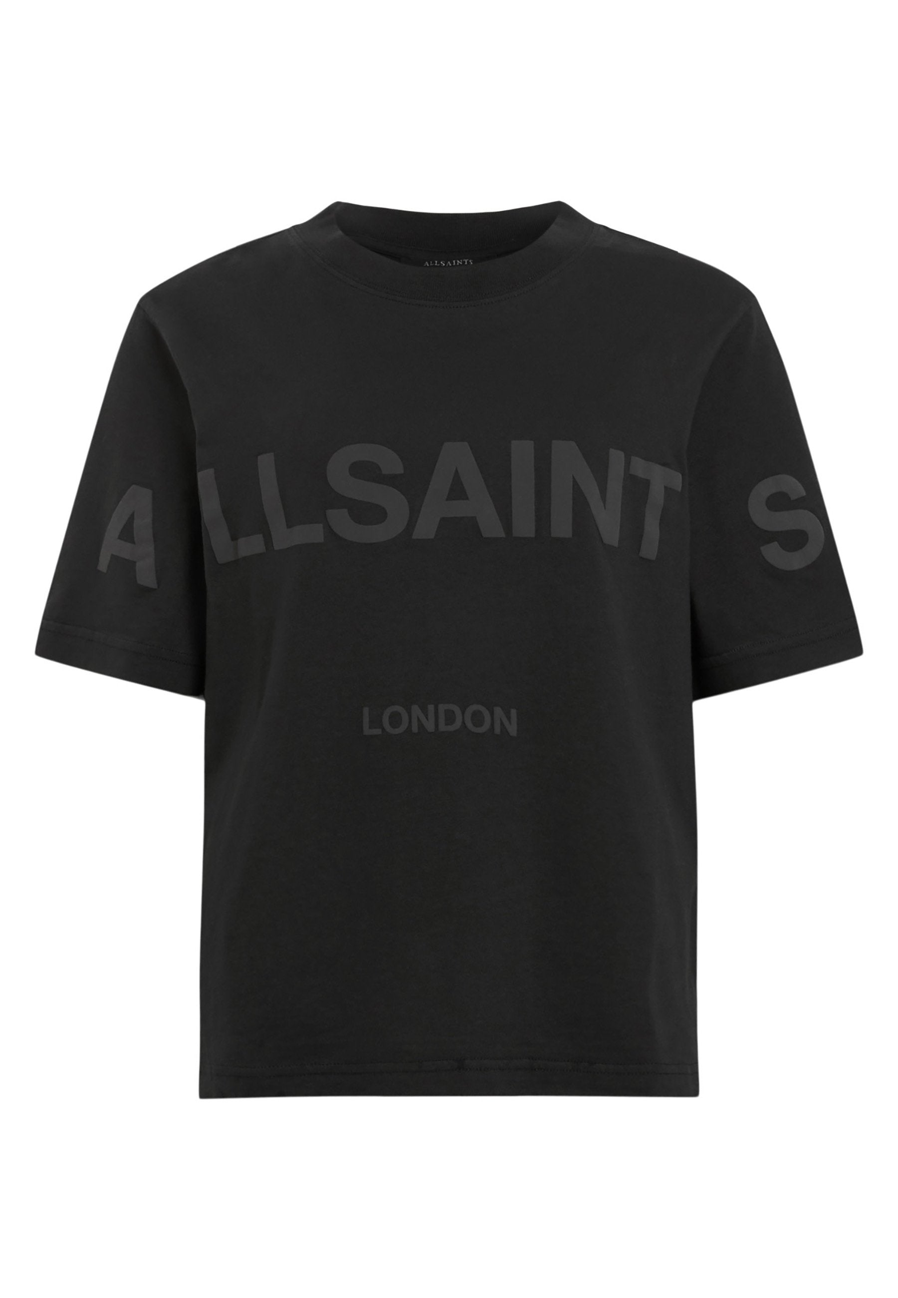 Schwarzes Baumwoll-T-Shirt mit Rundhalsausschnitt, kurzen Ärmeln und mattem Finish, das mit großem Text "ALLSAINTS" und "LONDON" bedruckt ist.